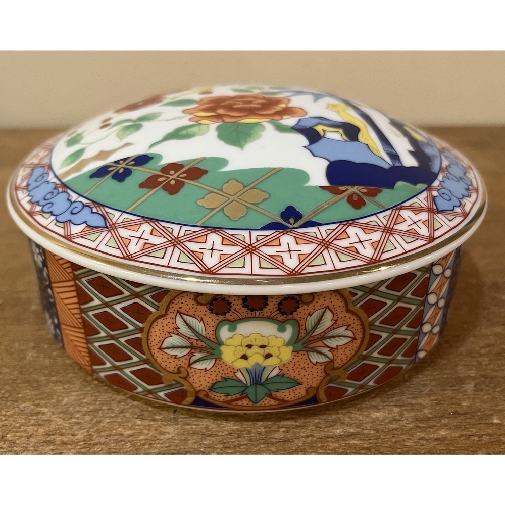 VTG Imari Ware Japan Porcelain Trinket Box Floral Bamboo Lidded Dish Large 6"